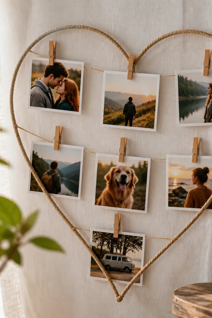 A heart frame made from wood clothespins holding photos