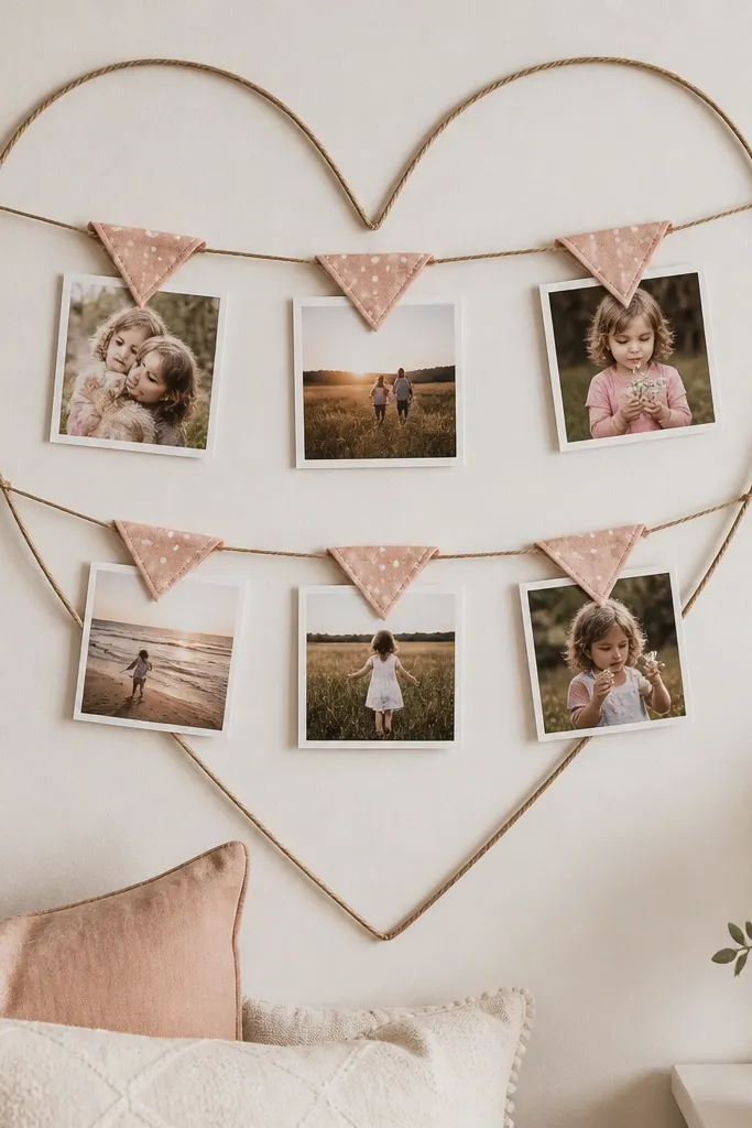 squares attached to small fabric flags arranged into a heart