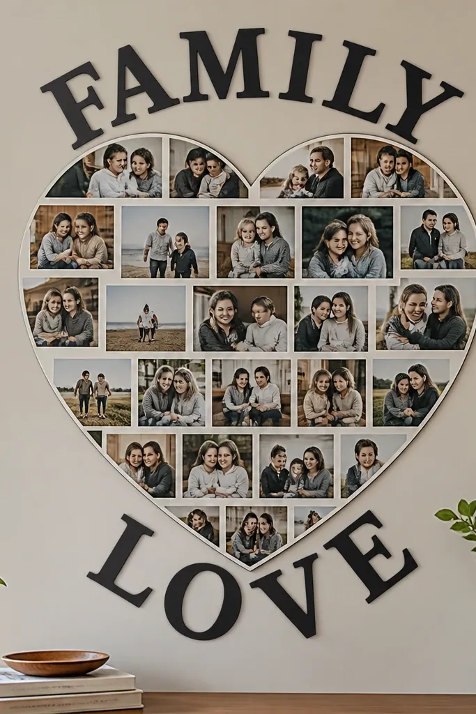 Heart-shaped collage with matte letter cutouts above and below