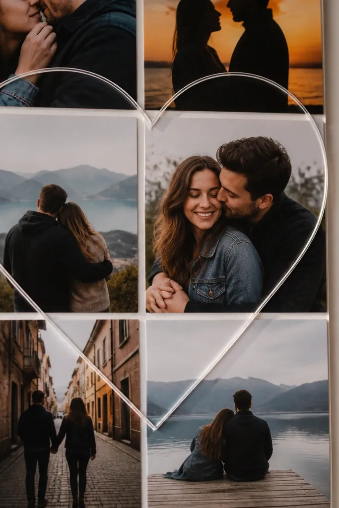 Photos arranged in a heart collage with a clear overlay heart shape