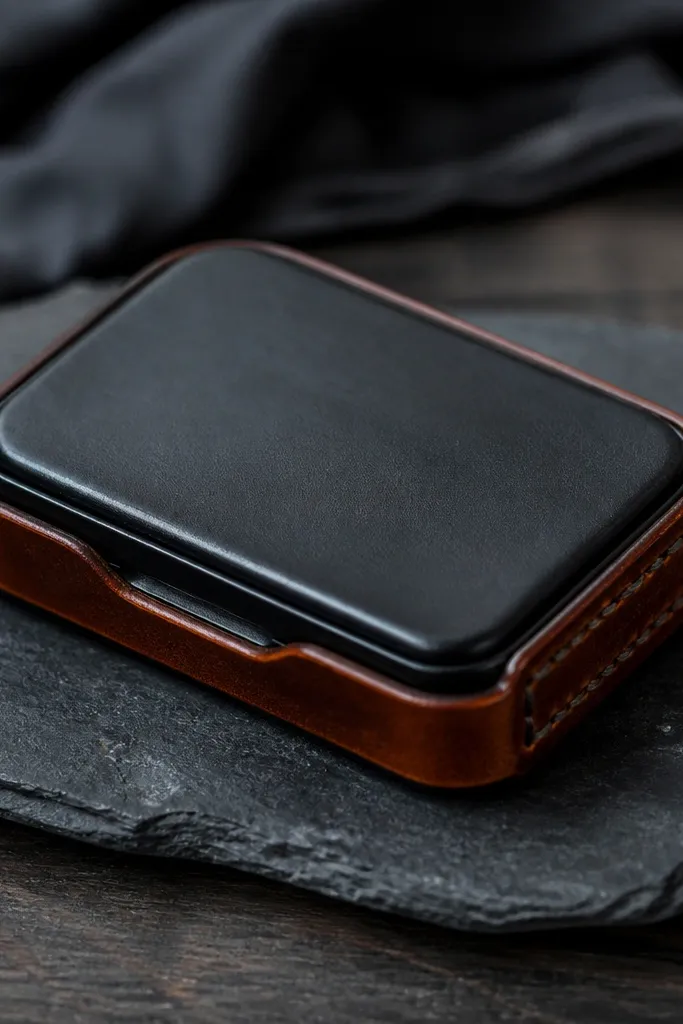 Matte black tin wallet with a dark brown leather wrap and neat stitched edges