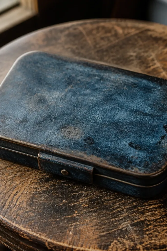 Denim blue stained tin wallet with subtle distressing and a light canvas interior