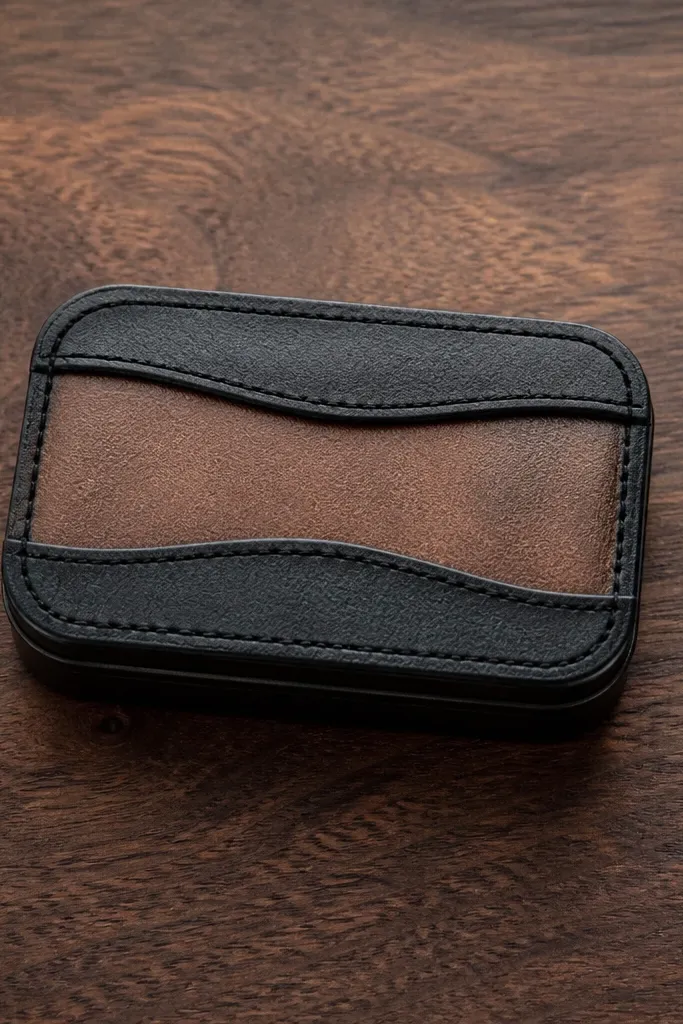 Walnut and black faux leather Altoids wallet with contrasting top band