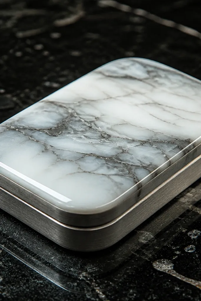 White marble-effect resin Altoids wallet with gray veining and glossy clear finish