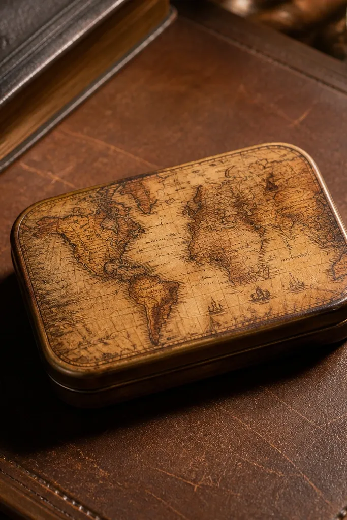 Aged map-print Altoids wallet with tan edging and clear sealed finish