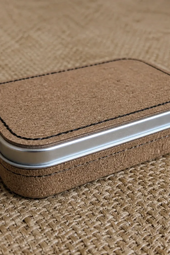 Cork exterior Altoids wallet with black stitching detail and card slots