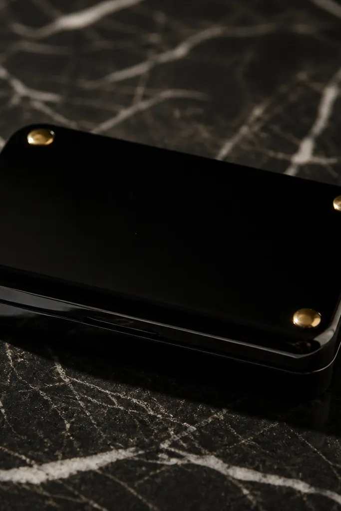 Black lacquer Altoids wallet with gold corner studs and crisp edges