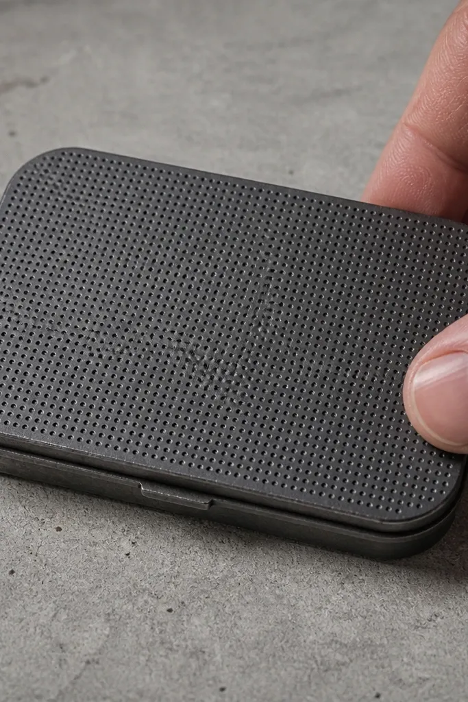 Leatherette Altoids wallet with a neat grid of tiny studs and a matte finish