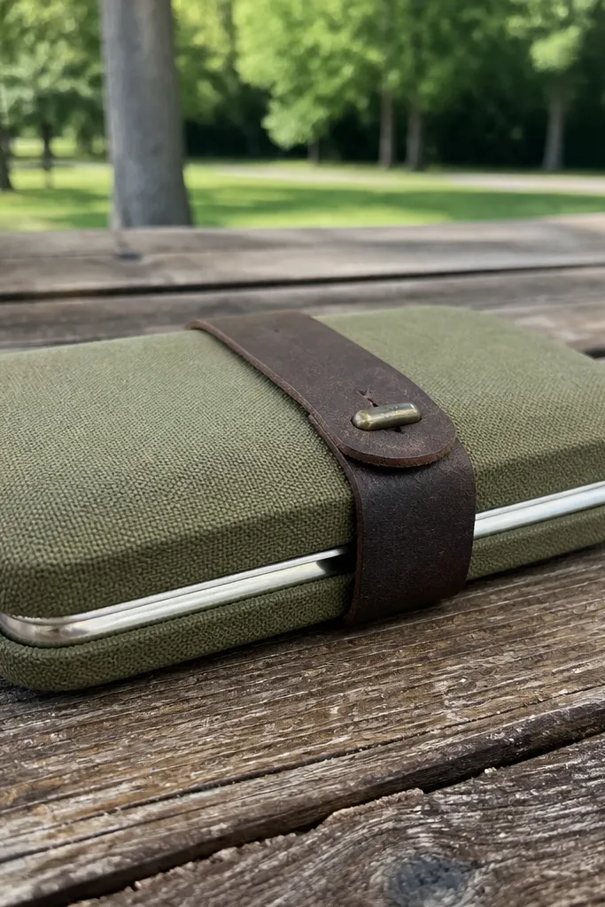 Olive canvas wrapped Altoids wallet with a faux leather strap and buckle