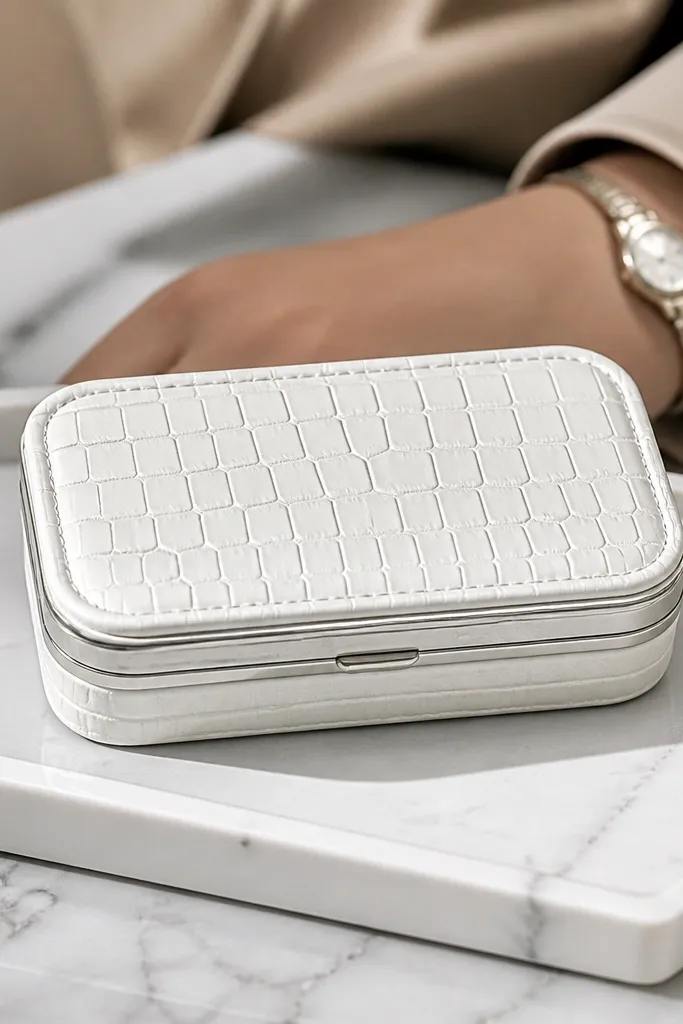 Crisp white Altoids wallet with faux croc panels and subtle panel seams