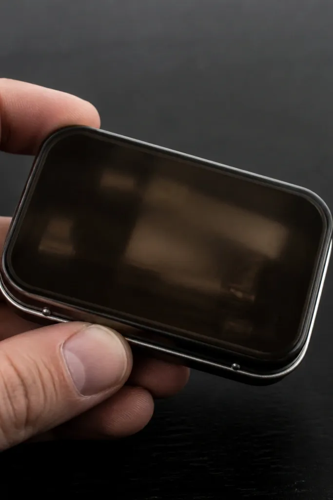 Smoked glass tinted Altoids wallet lid with dark film and minimal hardware