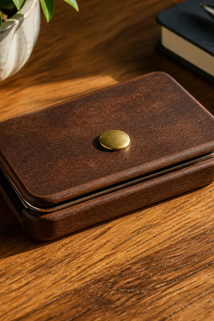 Chocolate brown stained Altoids wallet with a brass button closure and tan interior