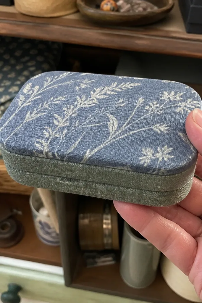 Patchwork fabric panel on an Altoids wallet with clean seams and muted colors