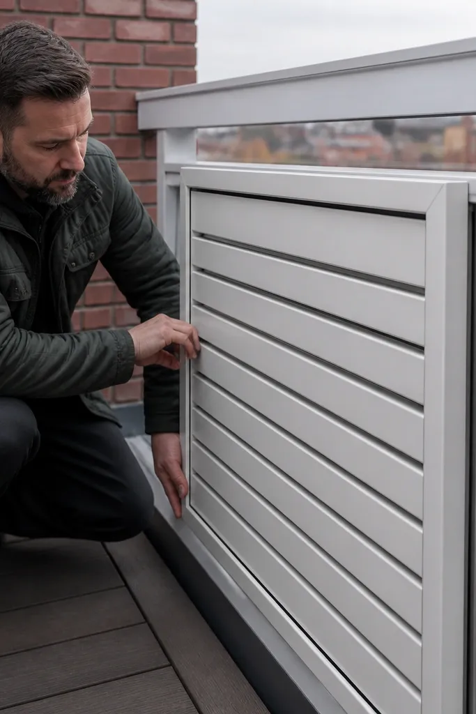 Black slat railing privacy screen with a thin inset frame and small gap shadows