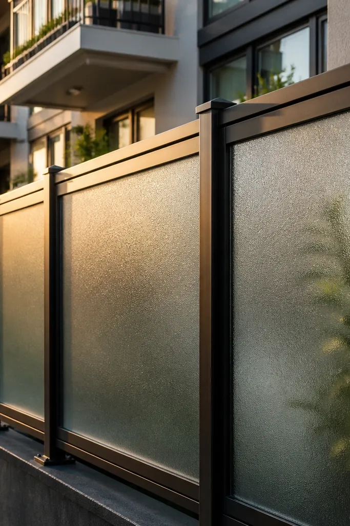 Matte black railing frame with frosted glass panels that blur the view