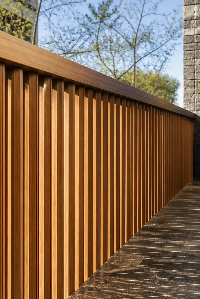 Warm teak-look composite slat screen on a balcony railing with a clean angled cap