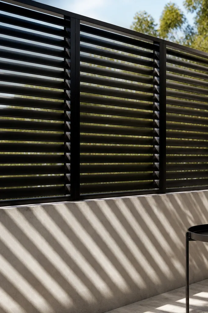 White louvered railing panel with slats tilted 45 degrees for privacy