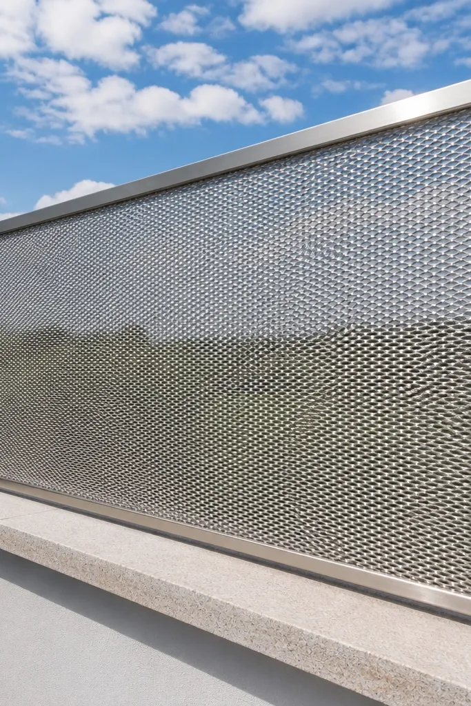 Stainless wire mesh stretched in a clean frame on a balcony railing