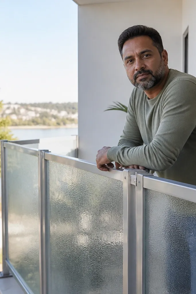 Clear micro-textured acrylic privacy panels on a railing with brushed metal posts