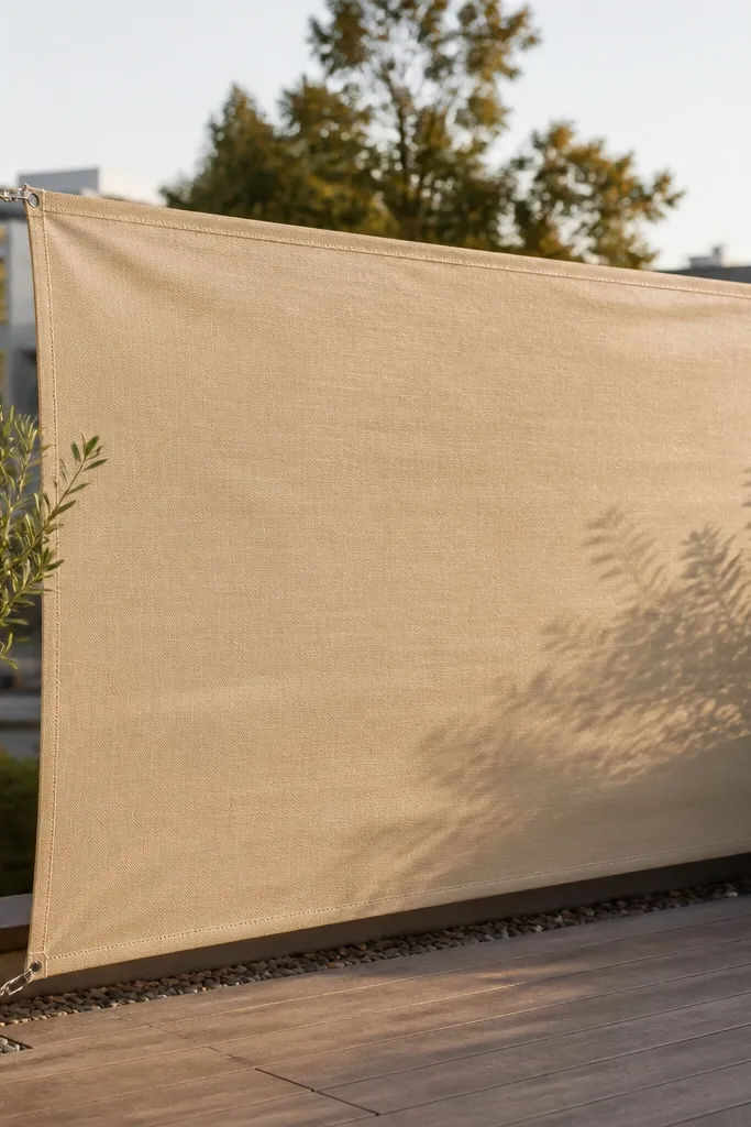 Taupe outdoor fabric privacy screen stretched between cable posts on a balcony