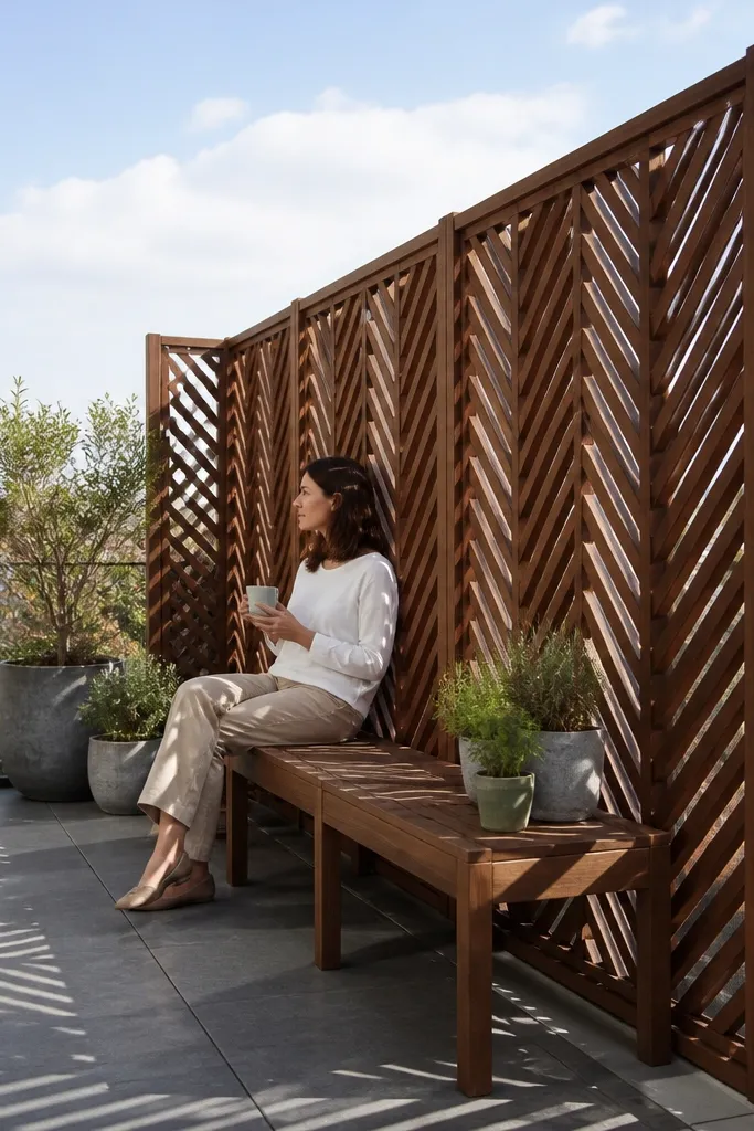 Cedar lattice railing panel with herringbone pattern for privacy