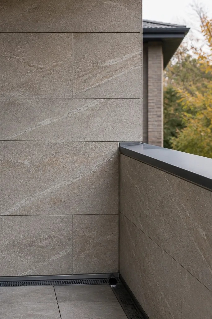 Stone-look porcelain privacy panels on a balcony railing with hidden brackets