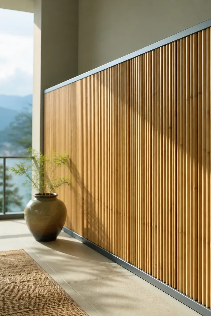 Natural bamboo screening on a balcony railing with a clean aluminum top cap