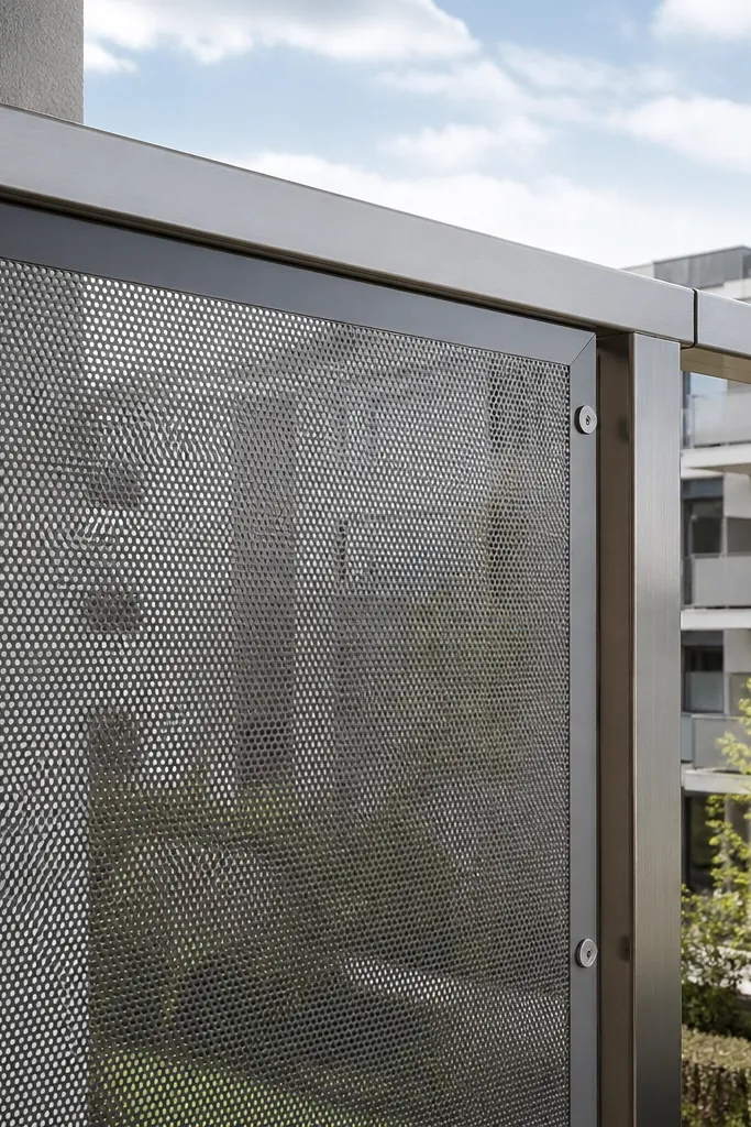 Brushed aluminum edged micro-perforated metal privacy panel on a railing