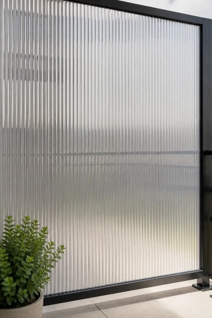 Clear textured polycarbonate sheet with vertical ribs on a balcony railing