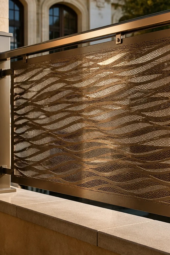Matte bronze mesh railing with geometric wave cutouts for privacy