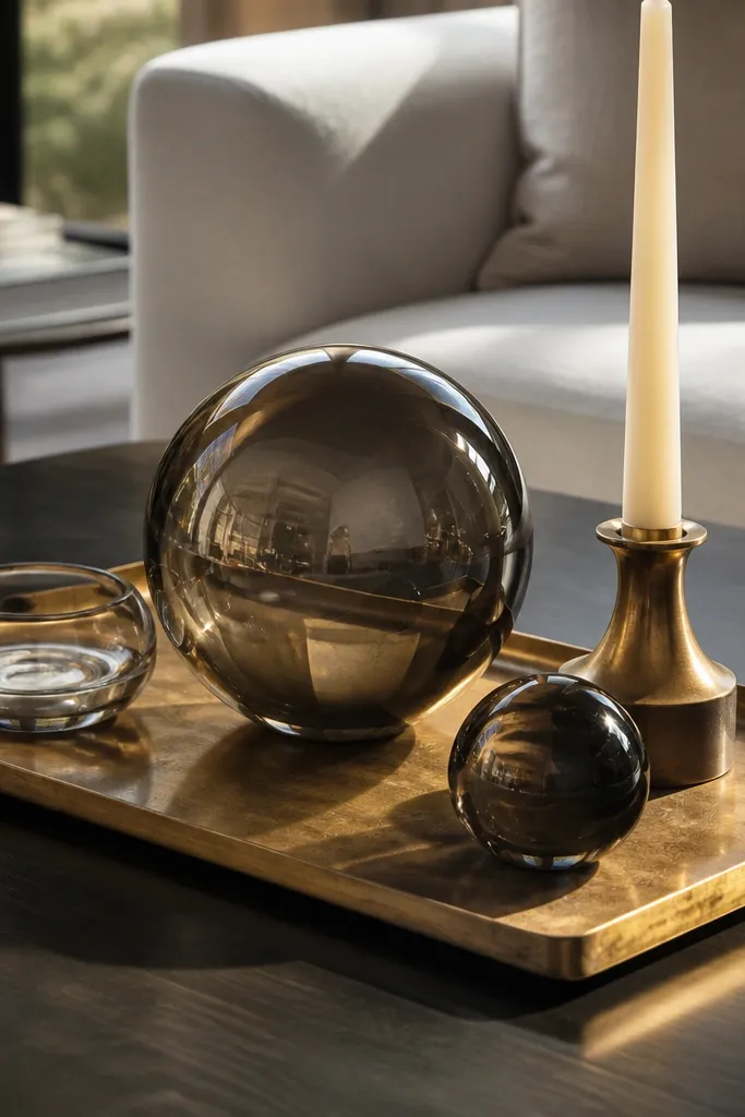 Brass tray with smoked glass spheres and a small cream candle