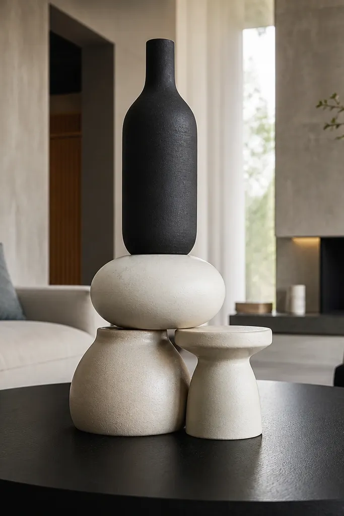 Tall black vase with cream ceramic stack and a small tray