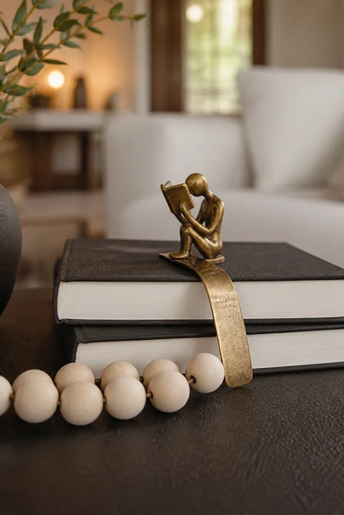 Stack of books with gold bookmark art on a black coffee table