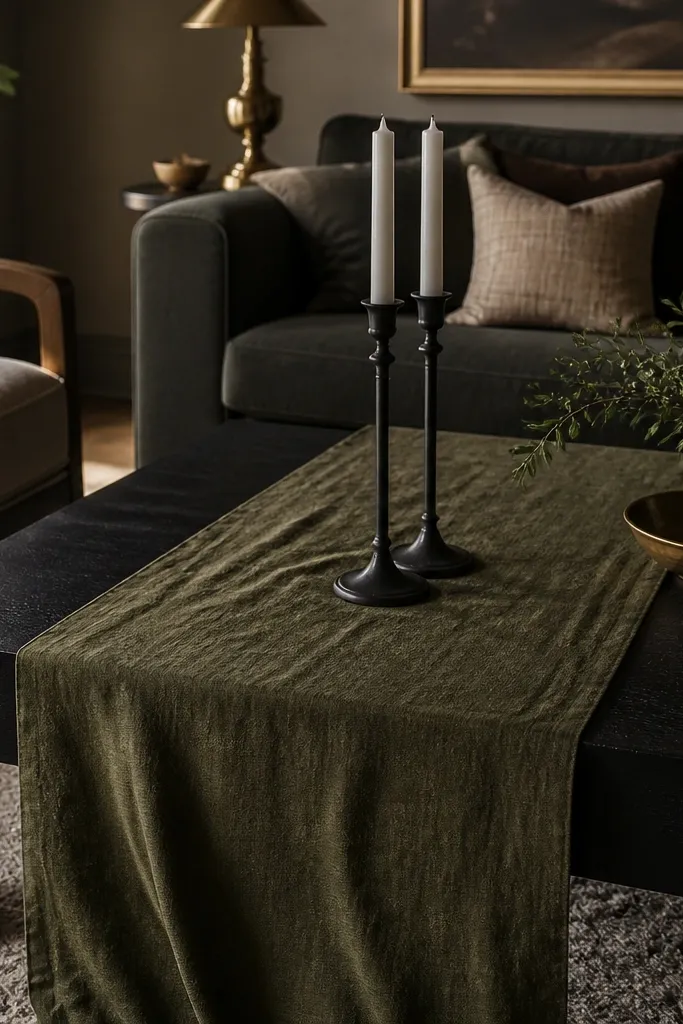 Deep olive linen runner with two tall candlesticks on black coffee table