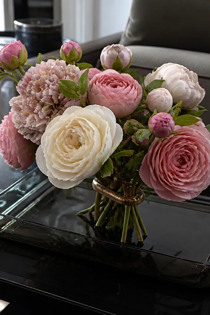 Smoked glass tray with faux peonies and brass clips