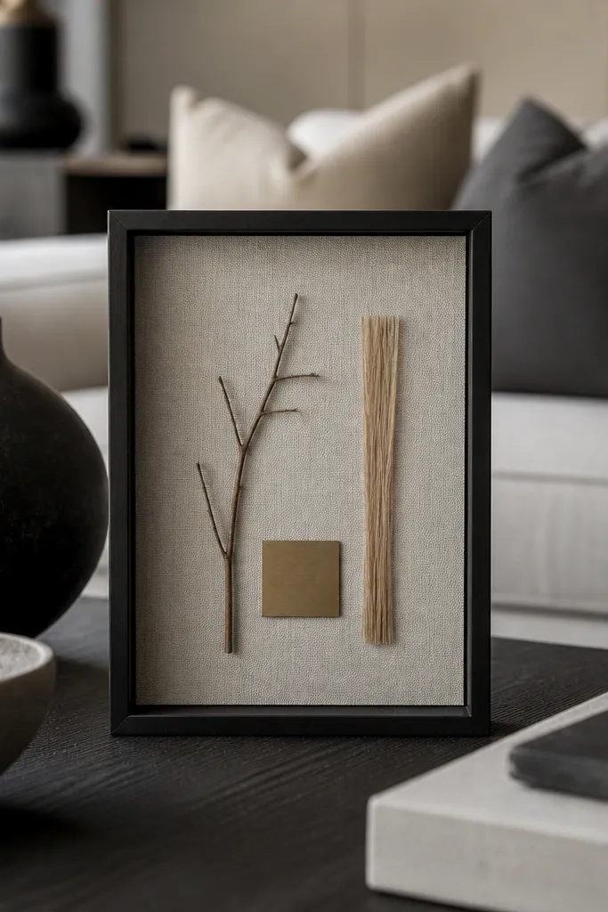 Shadow box with linen backing and monochrome decor pieces