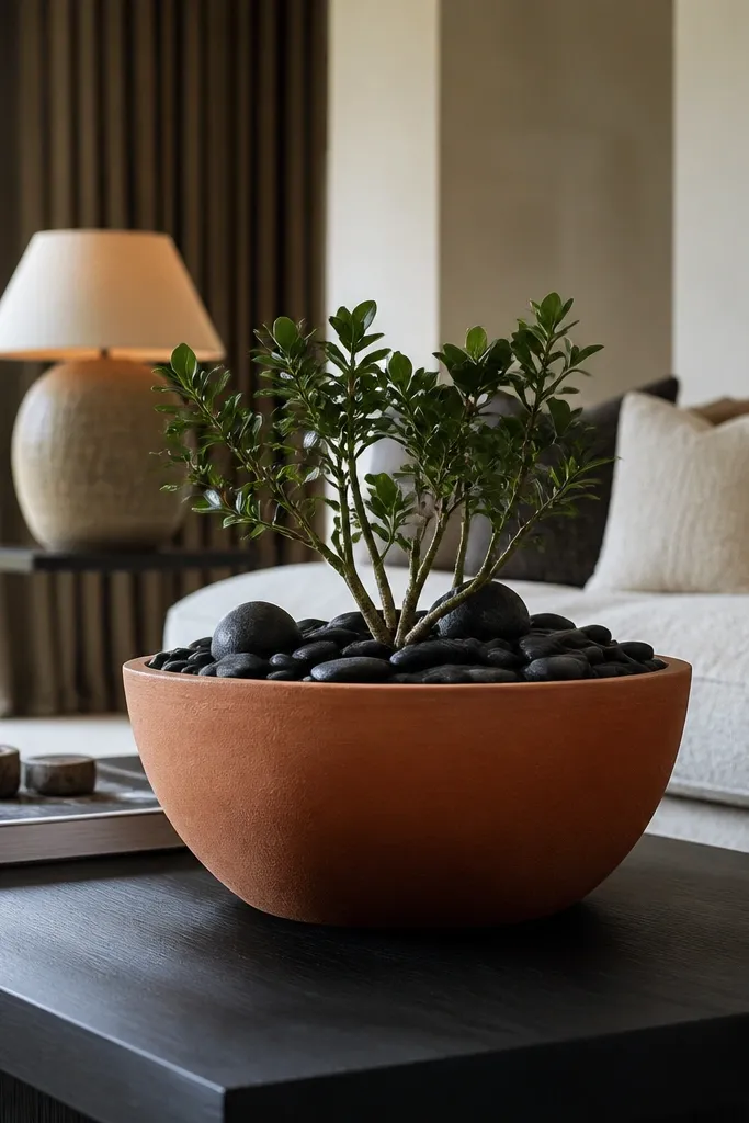 Terracotta planter filled with black stones on a black coffee table