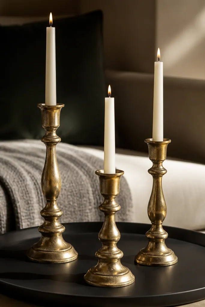 Three antique brass candlesticks on a black tray