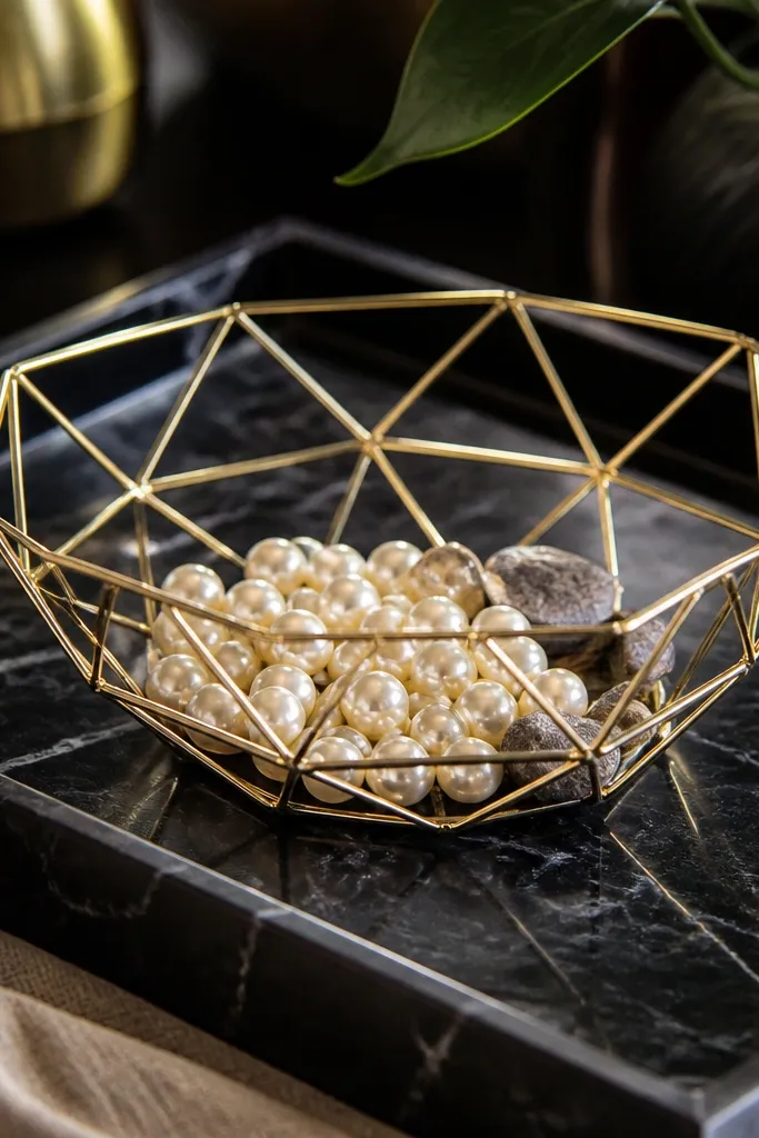 Black marble-look tray with gold wire geometric bowl and small stones
