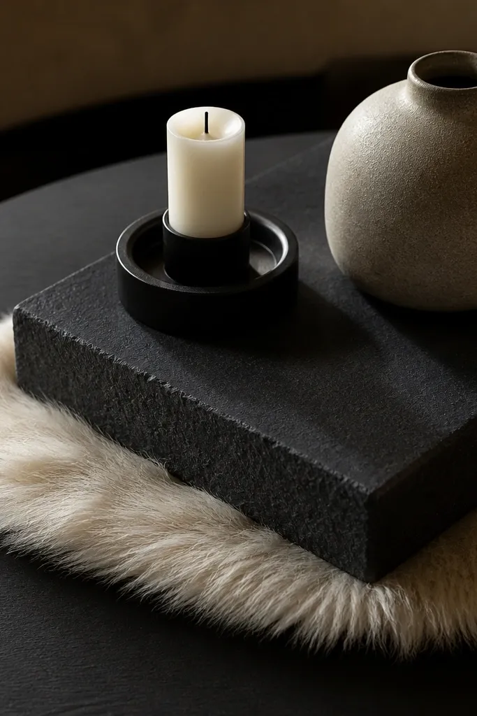Charcoal plinth with a small cream faux fur ruglet and candles