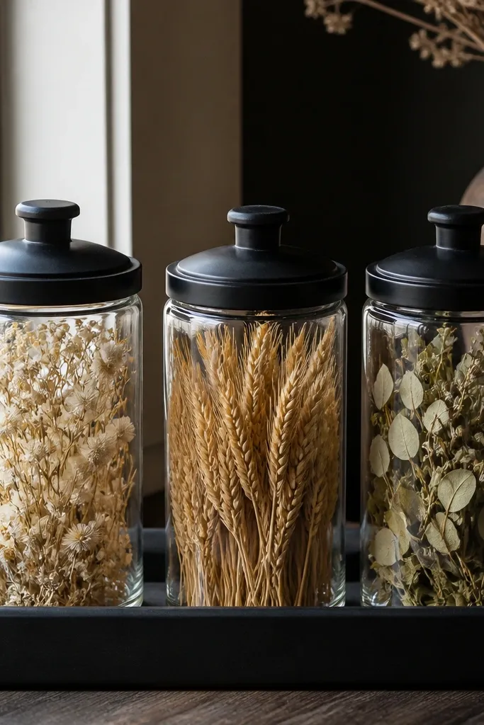 Black lidded jars with cream dried botanicals on a tray