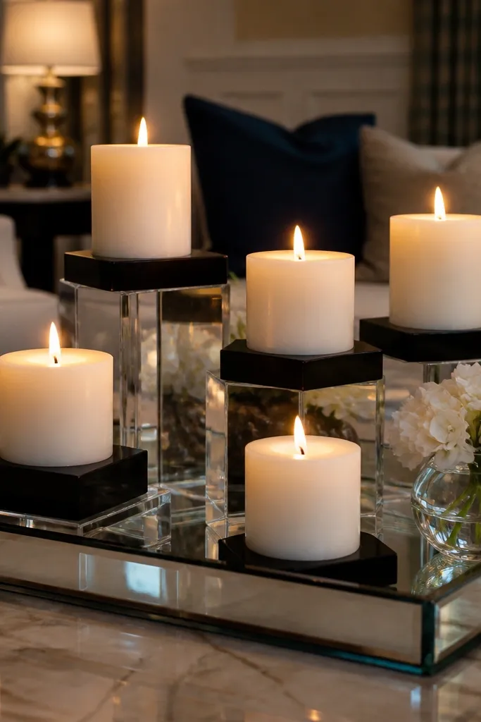 Mirror tray with black-base candles on clear acrylic risers