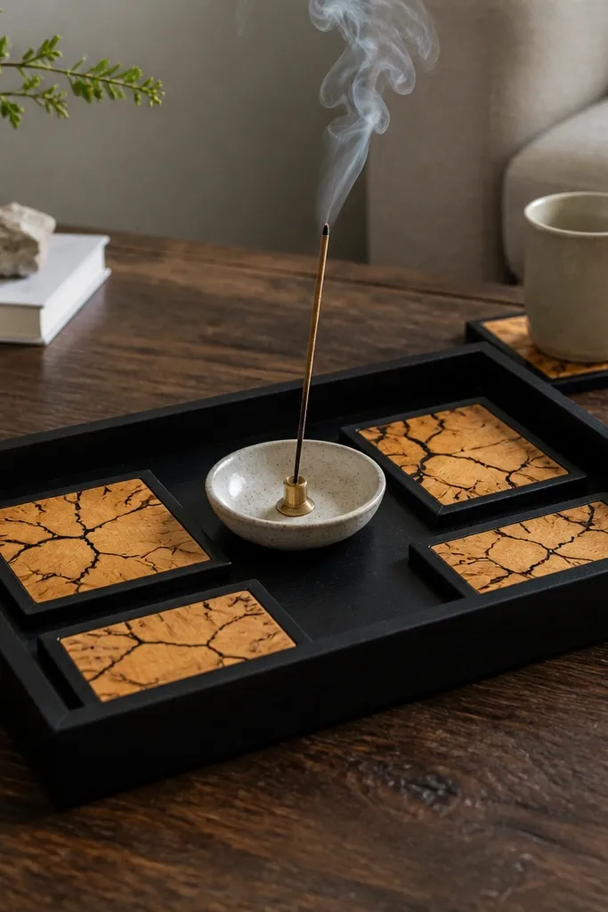 Black wood tray with maple inlay coasters and small ceramic dish