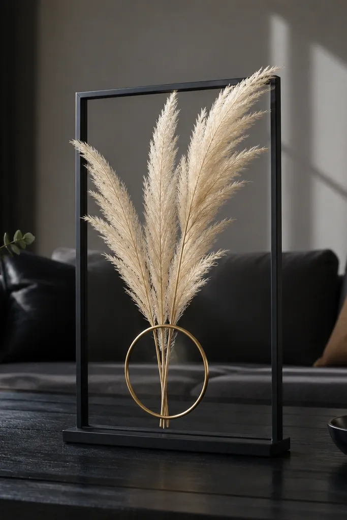 Black frame with pampas grass and a single brass ring on tray