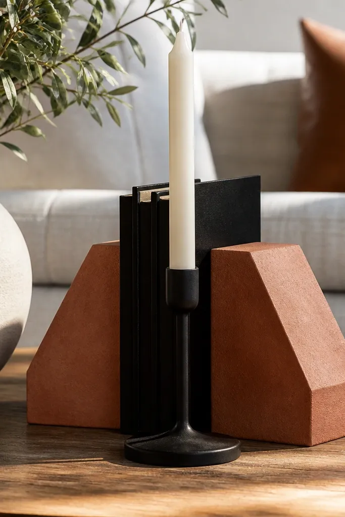 Terracotta bookends holding books with a tall candle on black coffee table