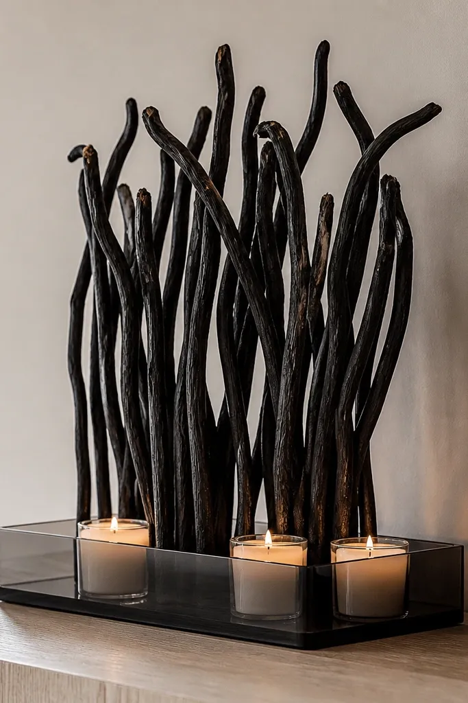 Smoked acrylic tray with black sticks and cream candles