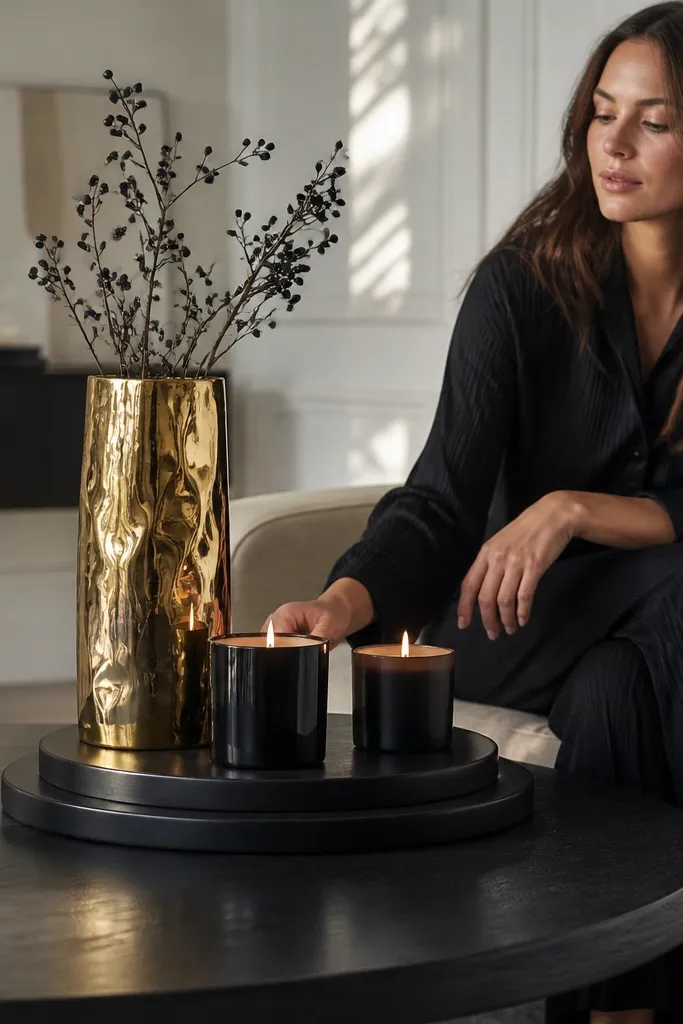 Two-tier display with coasters, black candles, and small gold drip vase