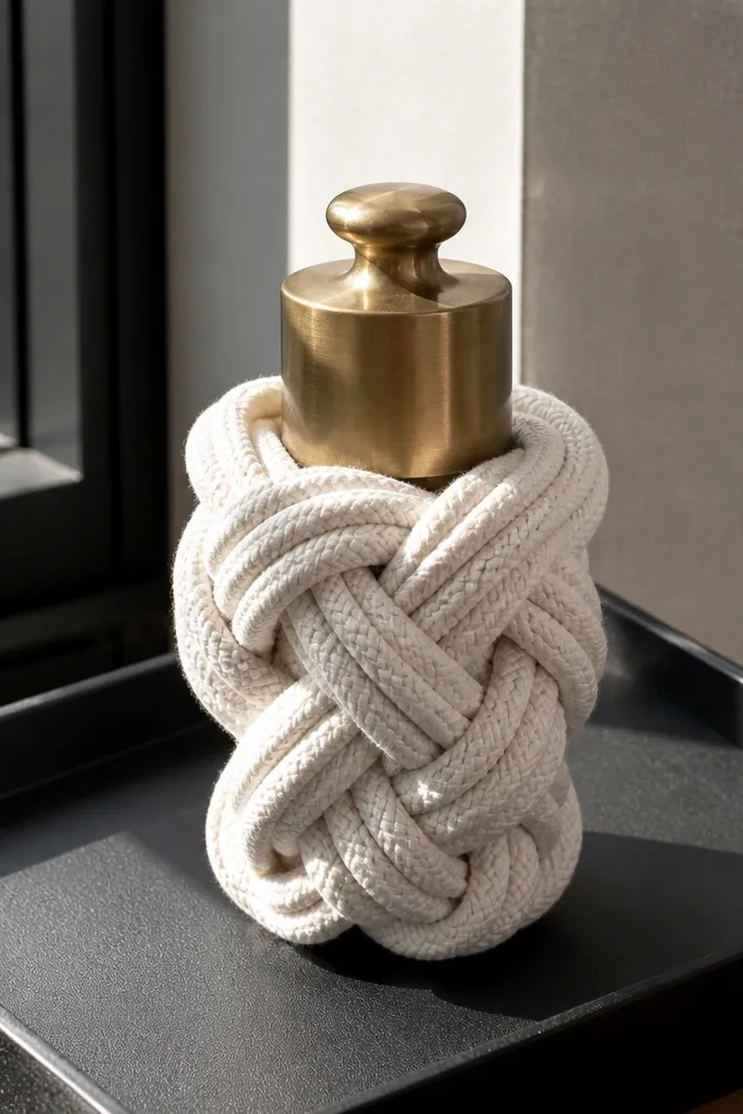 Black tray with white knotted cord bundle and small brass weight