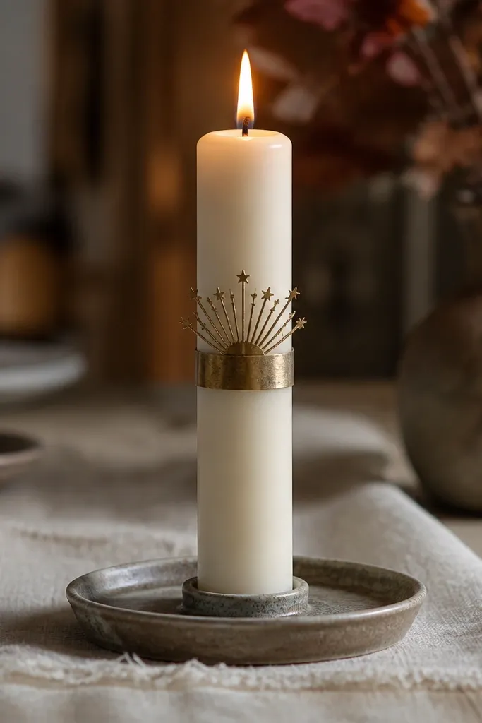 Matte cream taper with a thin antique brass band and small starbursts near the top