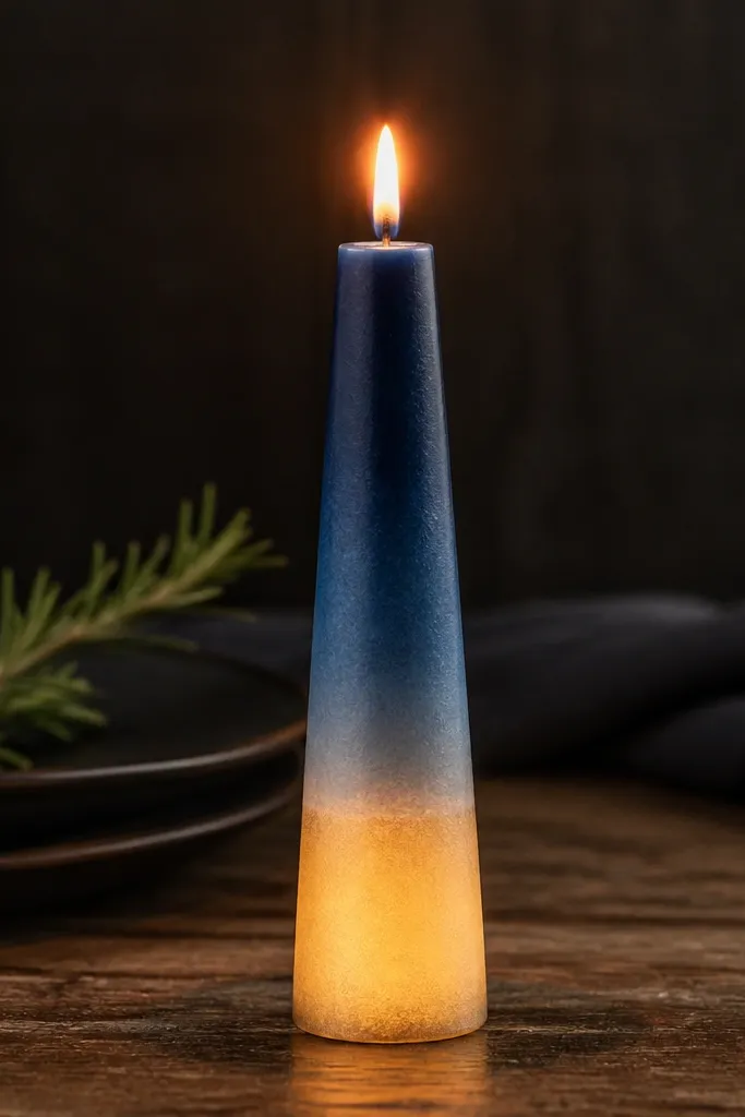 Dark navy taper fading into lighter blue with a warm gold band at the bottom